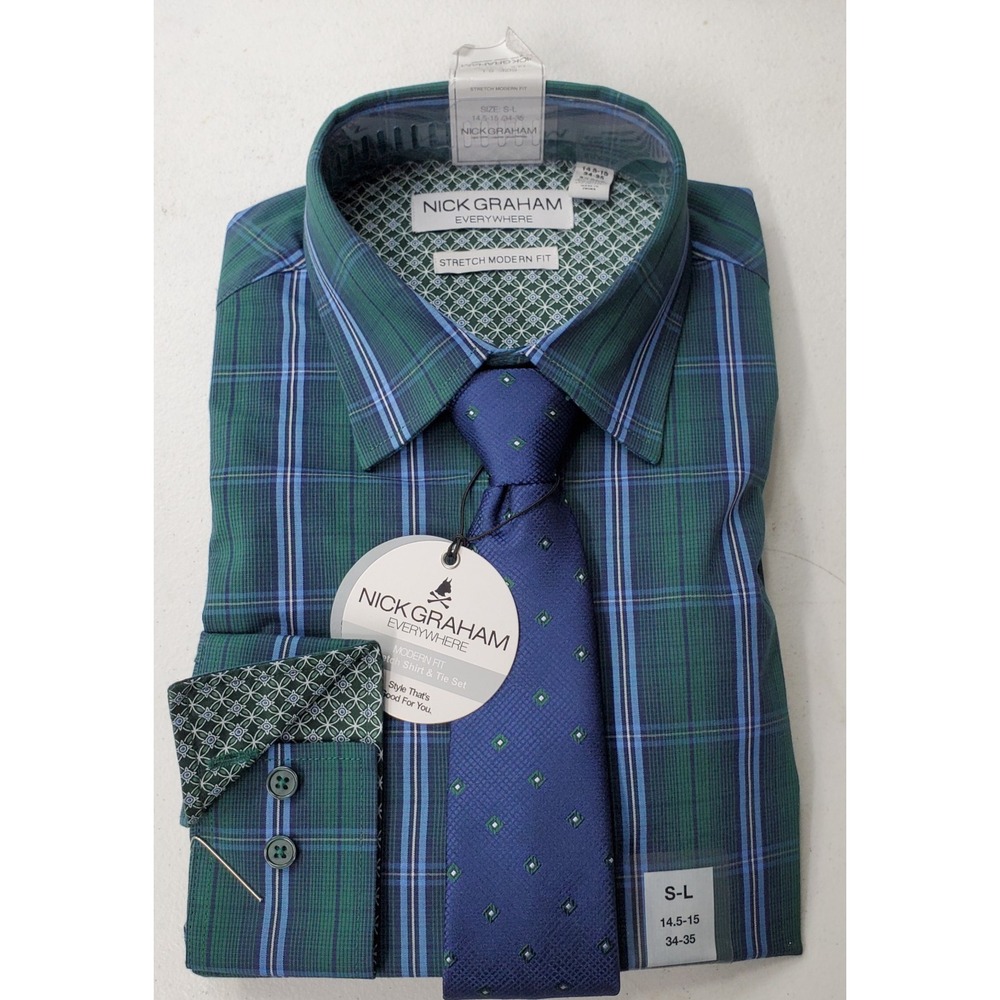 Nick‎ Graham Dress Shirt With Tie Mens S/L Multicolor Plaid Modern Fit Stretch